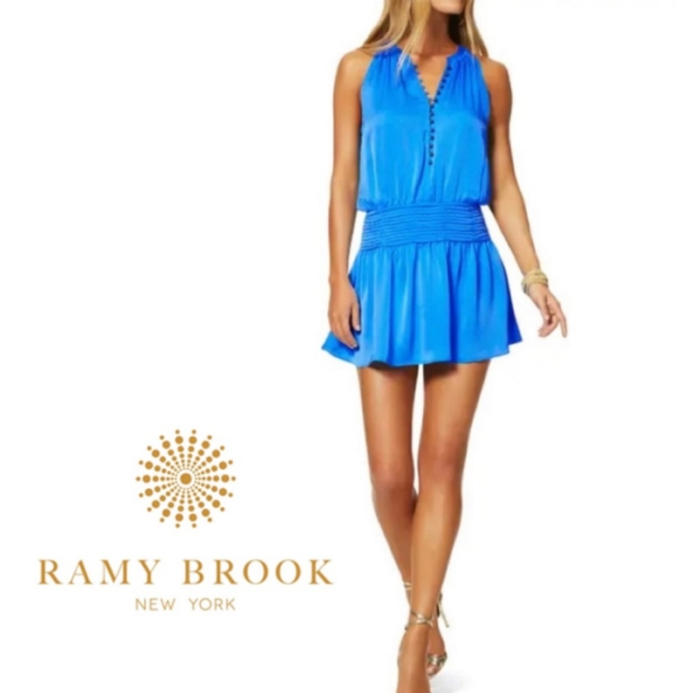 RAMY BROOK Blue Sleeveless Delora Smocked Mini Dress